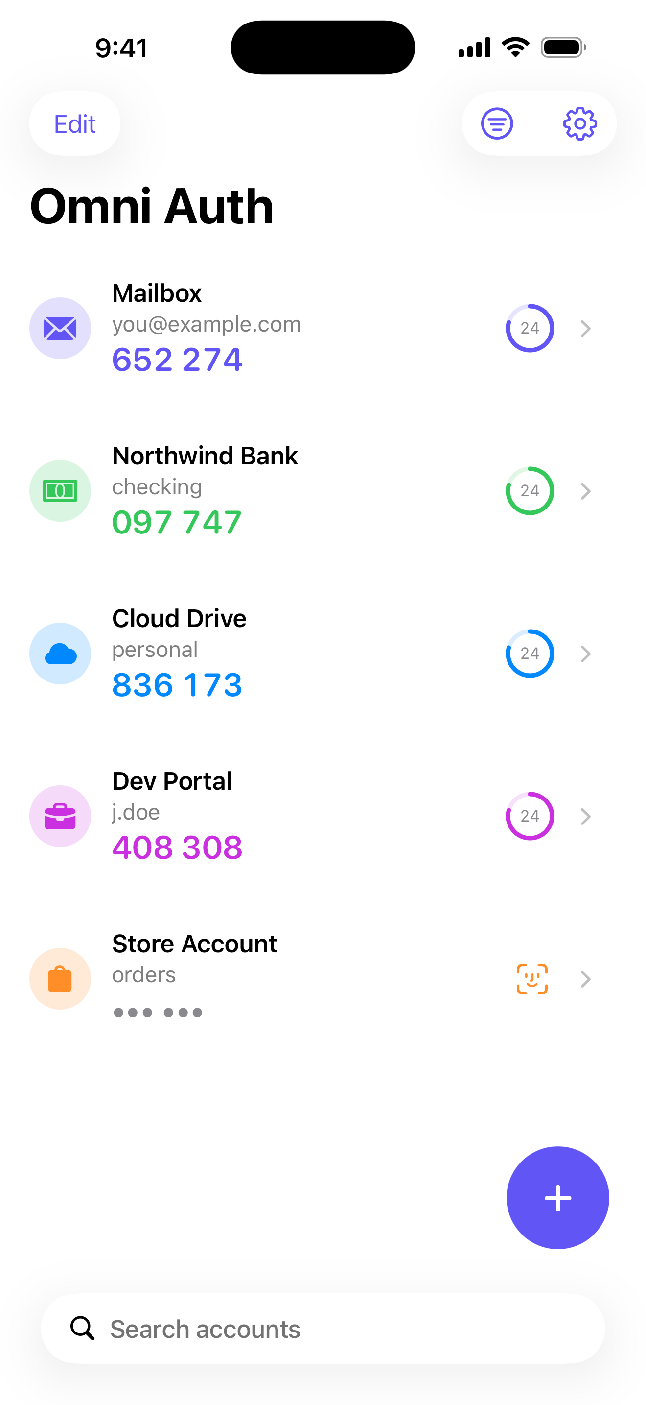 The Omni Auth vault showing live codes with countdown rings