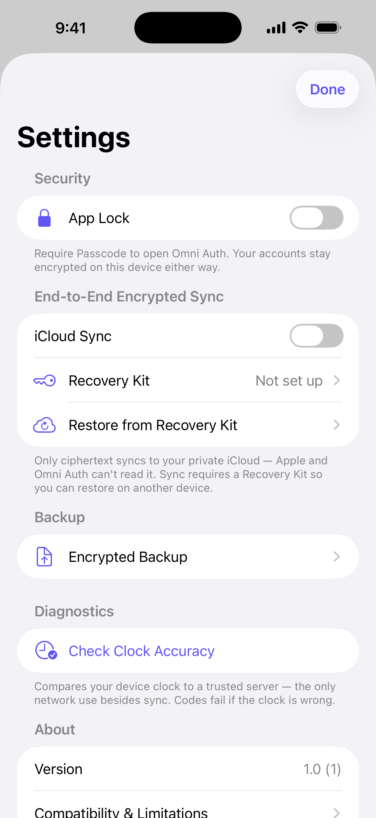 Security settings: App Lock, end-to-end encrypted sync, Recovery Kit