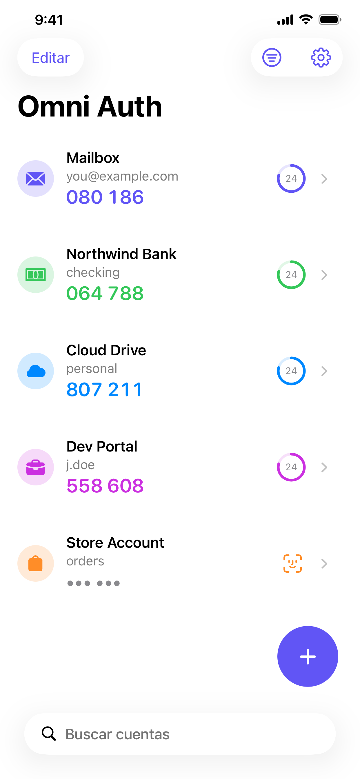 La bóveda de Omni Auth con códigos en directo y anillos de cuenta atrás