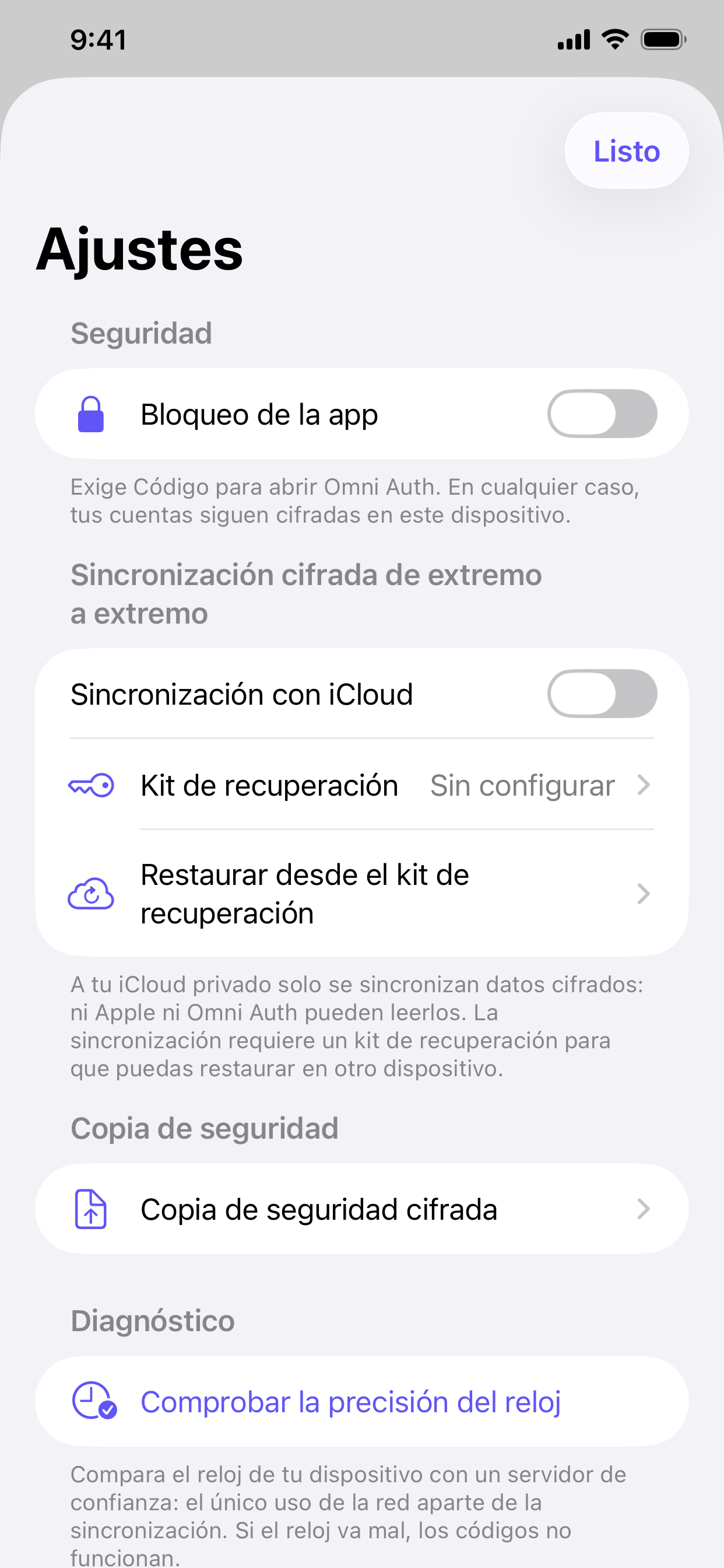 Ajustes de seguridad: bloqueo de la app, sincronización cifrada de extremo a extremo y kit de recuperación